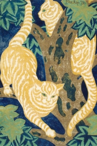 3 Cats in the trees 1931 lino